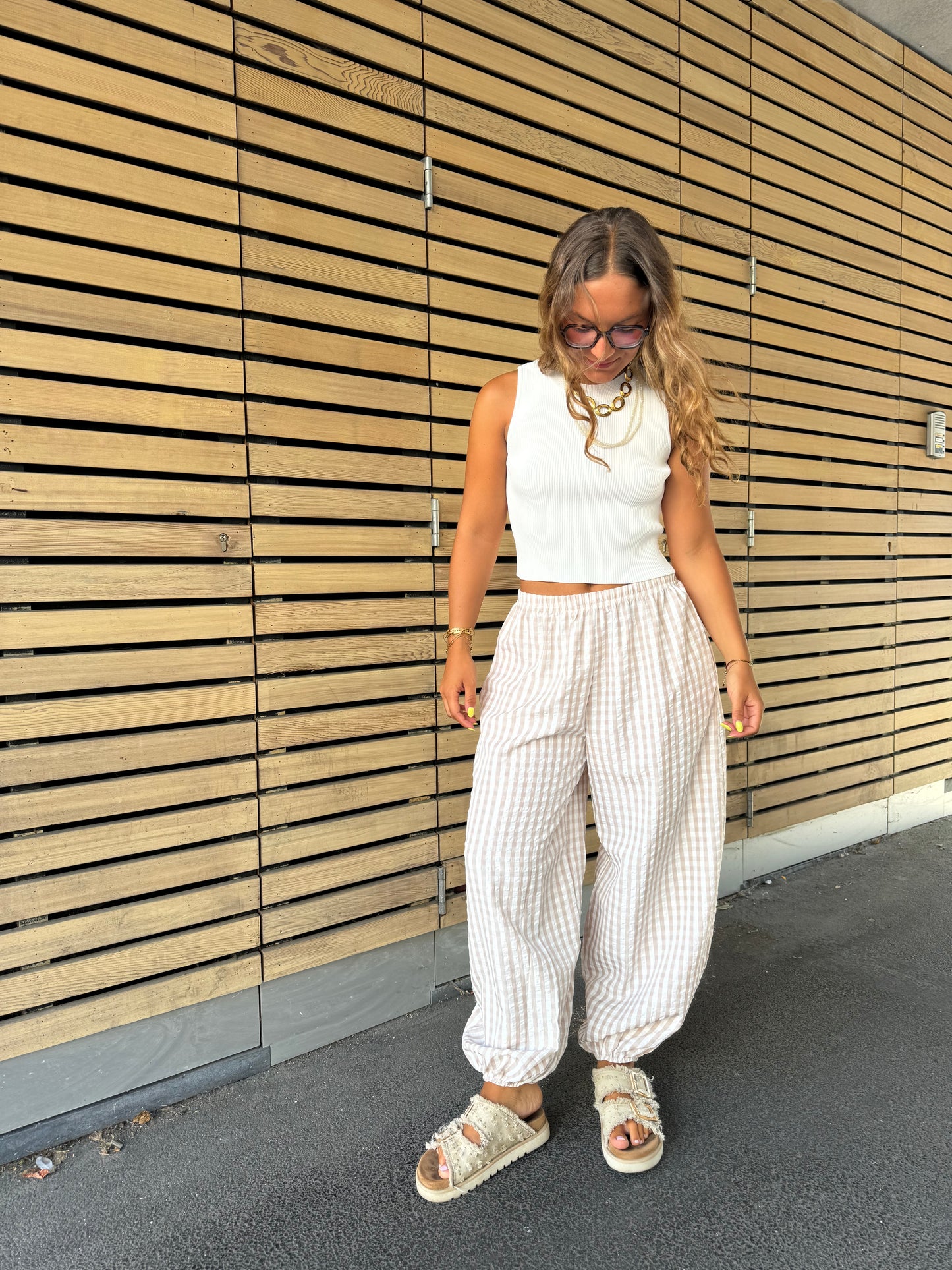 Pantalon beige carreaux
